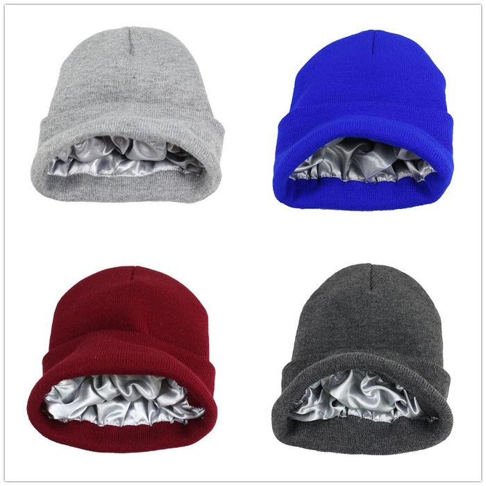 Jual Men Women Satin Lined Knit Beanie Hat Acrylic Winter Caps