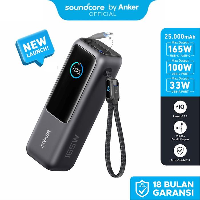 Gambar Anker Laptop Power Bank Smart Digital Display Touch 25.000mAh Triple 100W USB-C ports 165W GaN Fast Charging PPS PD 3.0 UFCS Built-in and Retractable Cables iPhone, MacBook, Samsung Steam Deck DJI Flight safe - A1695 - Black dari Anker Official Medan Kota Medan Tokopedia