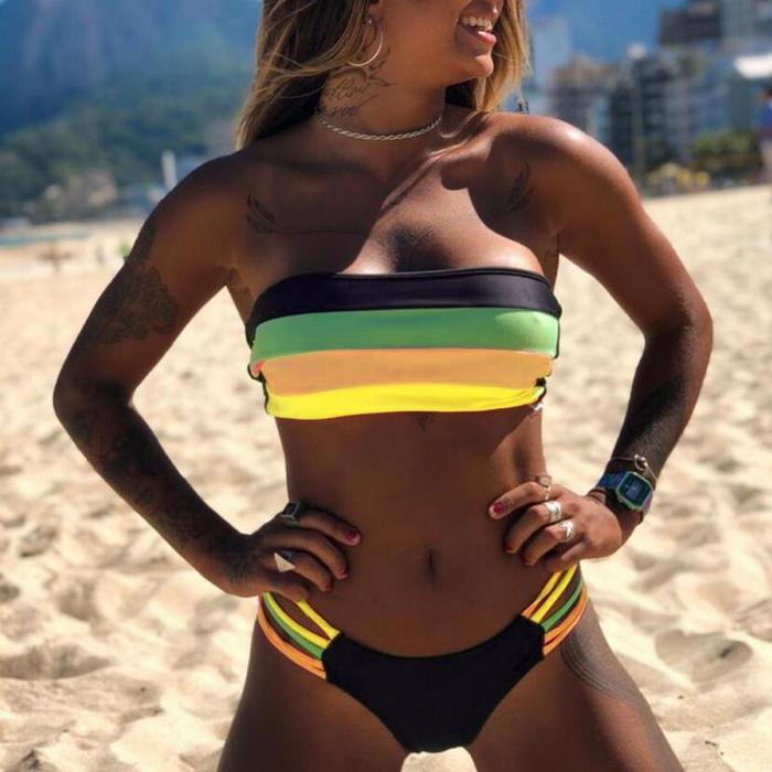 Jual Rainbow Crop Tube Swimsuits Bathing Suit Push-Up Beachwear