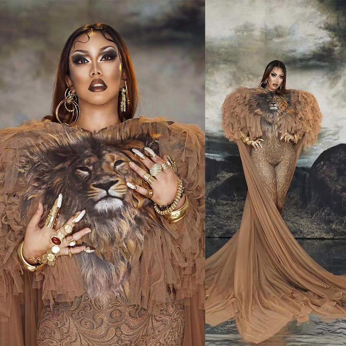 Brown Lion Printing Sexy Jumpsuits With Long Gauze Trailing Fashion Show  Model Clothing Stage Costumes Drag Queen Rave Outfits
