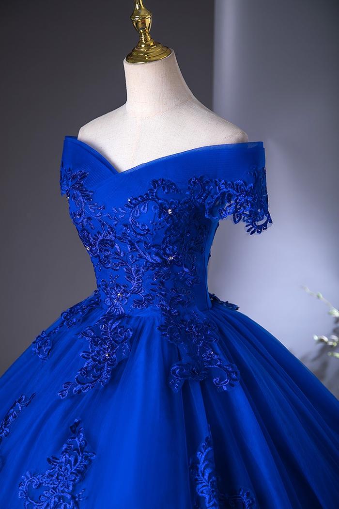 Jual produk terbaru royal blue off the shoulder lace wedding dress