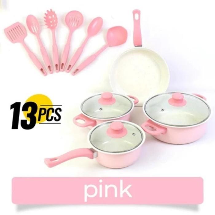 Gambar Cookware Panci Set 13 IN 1 Wajan Penggorengan Spatula Set Isi 13Pcs 1 Set Frypan Saucepan - pink dari Aven Indonesia undefined Tokopedia