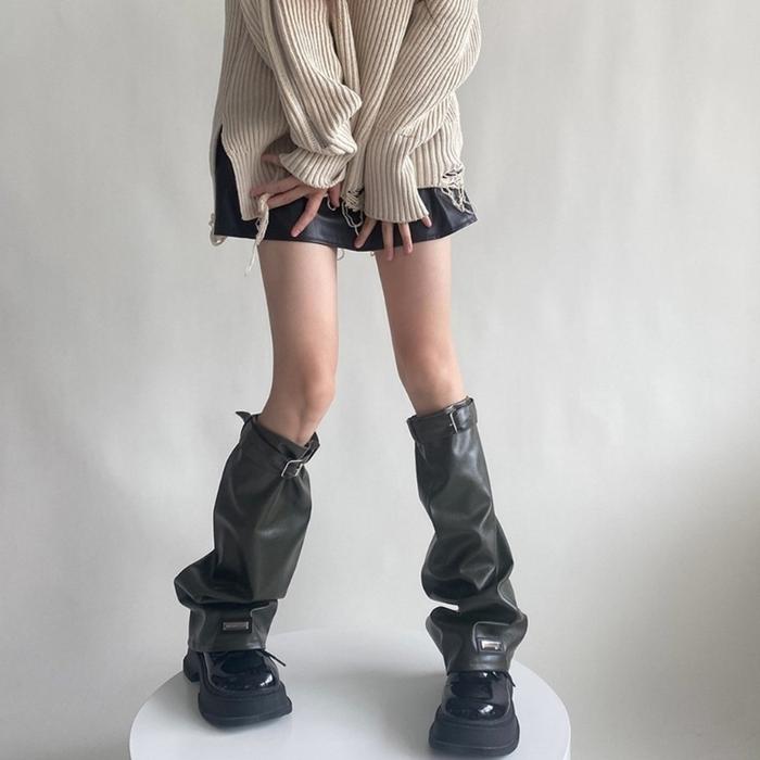 Jual Harajuku Leather Leg Warmers Gothic Punk Long Socks Buckle