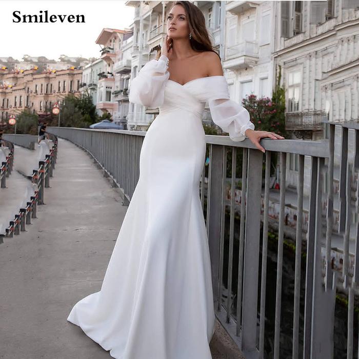 Jual Smileven Satin Mermaid Wedding Dresses Long Fuff Sleeve Sexy