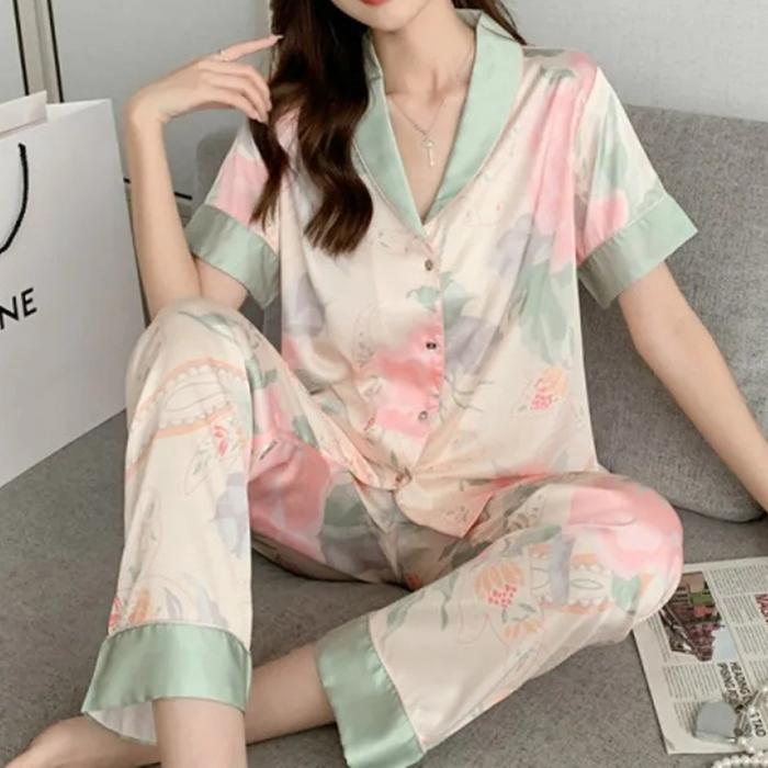 Jual Spring Summer Satin Silk Pajamas for Women Short Sleeves Long