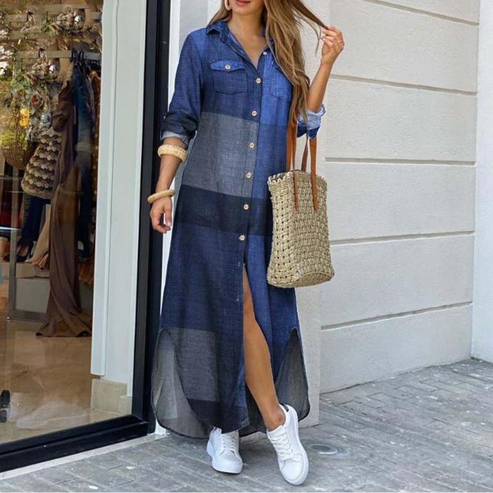 Jual Long Sleeve Dress Plaid Robe Maxi Beach Dress Summer Elegant