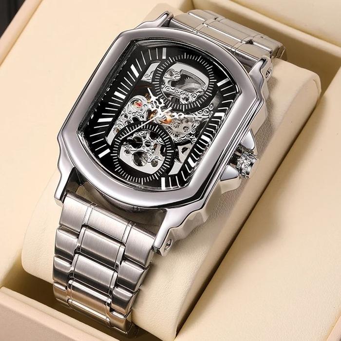 Jual New Luxury Mens Watches Tonneau Silver Transparent Skeleton