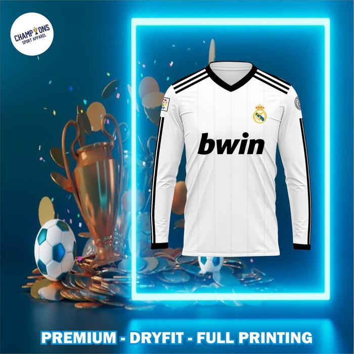 Gambar Jersey Klub REAL MADRID HOME 2012-2013 LENGAN PANJANG Liga Champions UEFA, Jersey  Ronaldo Retro -  Berbahan Dryfit Full Printing & Free custom nama dan nomor - ATASAN, M DEWASA dari konveksijersey.id undefined Tokopedia