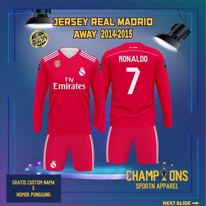 Gambar Jersey Klub REAL MADRID AWAY 2014-2015 LENGAN PANJANG Liga Champions UEFA, Jersey  Ronaldo Retro -  Berbahan Dryfit Full Printing & Free custom nama dan nomor - STELAN, 2XL DEWASA dari konveksijersey.id undefined Tokopedia