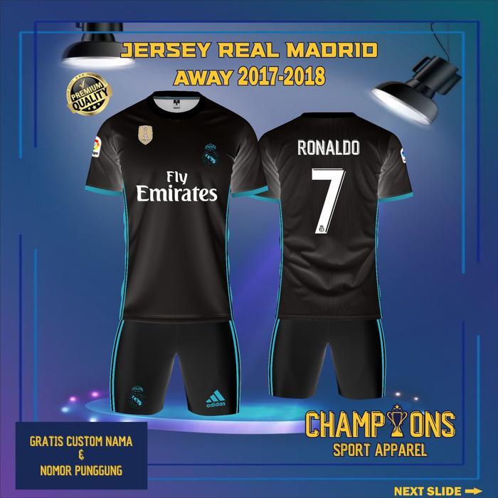Gambar Jersey Klub REAL MADRID AWAY 2017-2018 Liga Champions UEFA, Jersey  Ronaldo Retro -  Berbahan Dryfit Full Printing & Free custom nama dan nomor - STELAN, XL DEWASA dari konveksijersey.id undefined Tokopedia