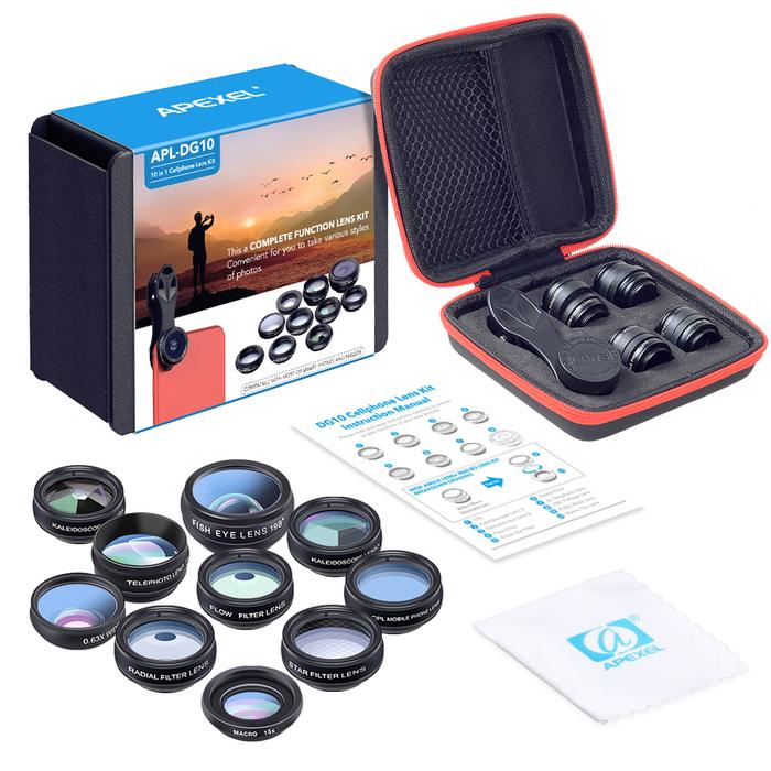 Apexel 10 In Phone Camera Lens Kit Fisheye Wide Angle Macro Lens Cpl  Filter Kaleidoscope And 2x Telescope Lens For Smartphone