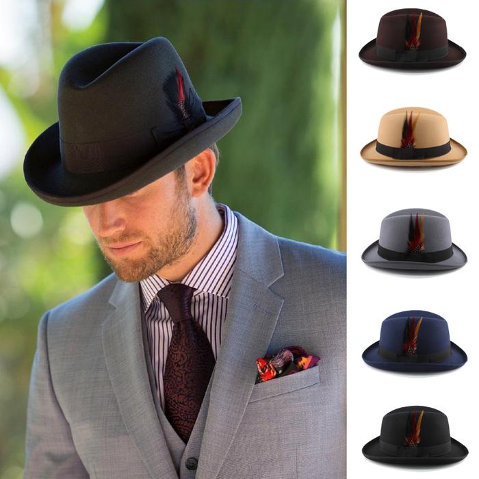 Jual Men Women Wool Blend Classical Homburg Hats Feather Band