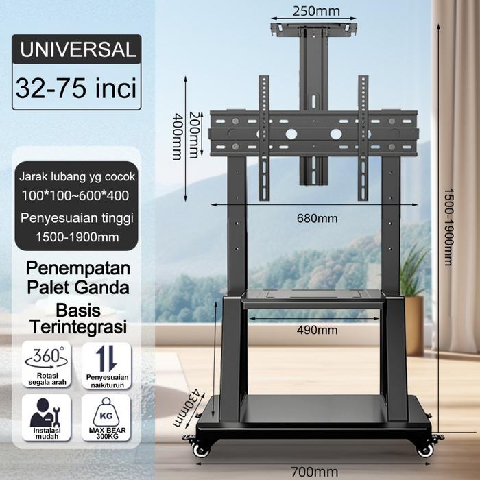 Gambar Bracket Standing Tv Roda Dorong Led Tv 32- 85 Inci /Bracket Standing Roda Led Tv - 32" - 75" dari galerysepa undefined Tokopedia