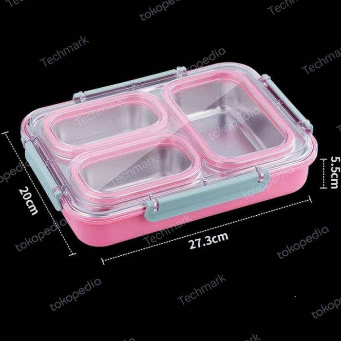 Gambar Kotak Makan Lunch Box Stainless Steel 3 Sekat SUS 304 Anti Tumpah - Pink dari TechmarkOfficialStore undefined Tokopedia