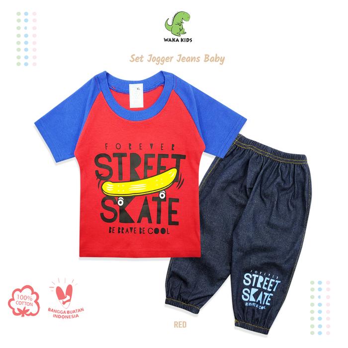 Gambar Wakakids Baju Bayi Anak Laki Laki Lengan Pendek Motif Street Skate Setelan Celana Jeans Jogger Usia 12 Bulan Hingga 18 Bulan 3455 - Merah dari Wakakids undefined Tokopedia