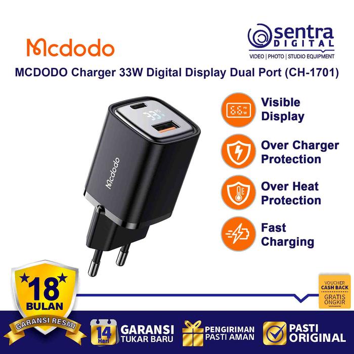 Gambar MCDODO Charger 33W Dual Output USB + Type C Digital Display CH-1701 - Black dari Sentra Digital undefined Tokopedia