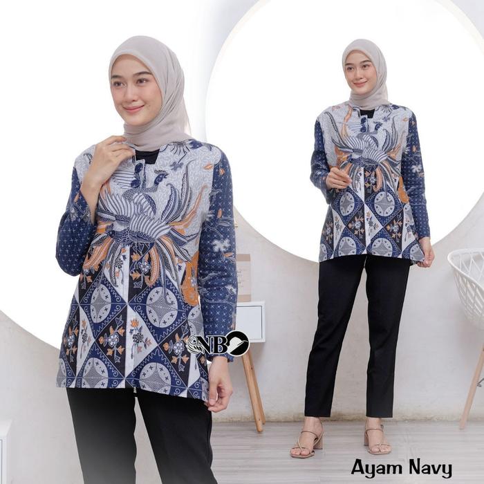 Gambar Batik Wanita Seragam kantor Couple Baju Katun Pasangan Kerja - blus ayam navi, M dari Batik Enggal Joyo undefined Tokopedia