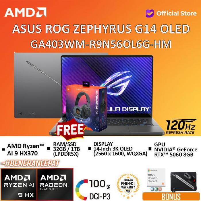 Gambar ASUS ROG Zephyrus G14 OLED GA403WM Ryzen AI 9 HX370 RTX5060 8GB 32GB 1TB W11+OHS+M365B 14" WQXGA 120Hz - 32GB / 1TB, Standard dari AMD Official Store undefined Tokopedia