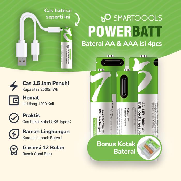 Gambar Baterai Cas Isi Ulang 4pcs Smartoools PowerBatt AA & AAA 1.5V Type-C USB Rechargeable Li-Ion Battery - Type C 1730mAh dari Smartoools undefined Tokopedia