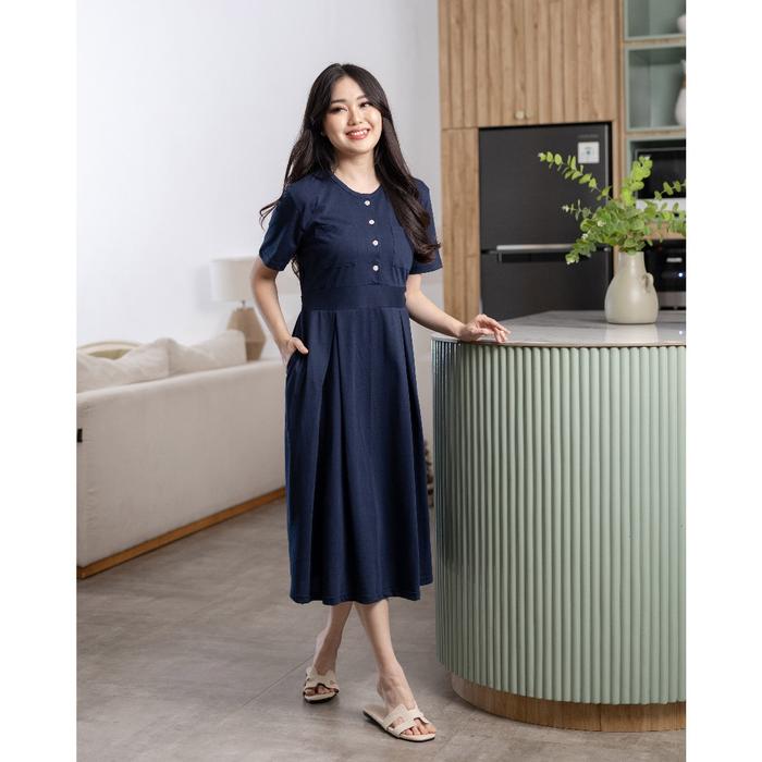 Gambar FOREVER SWEET Dress Midi Sabrina Dress Wanita Cantik Casual Nyaman - Navy dari Forever Sweet Concept undefined Tokopedia