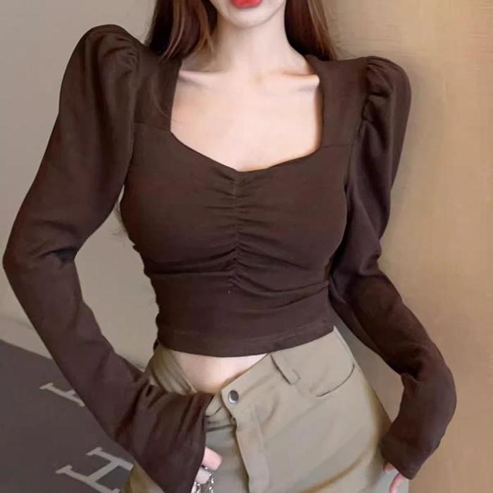 Gambar Moria ZZ083 Slim Fit Long Flare Sleeve Strawstring Front Crop Top - Square-Neck Long-Sleeve Fashion Korean Blouse Wanita Lengan Panjang Baju Atasan Wanita Blouse Top Elegan Lembut Dan Tidak Panas Atasan Karet Fashion Model Korea Terbaru - M dari Moriafashion undefined Tokopedia