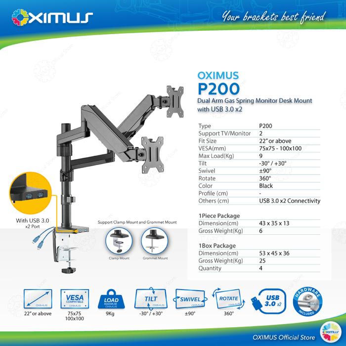 Gambar BRACKET MONITOR GAS SPRING OXIMUS P200 TILT SWIVEL ROTATE USB 3.0 x2 Computer Laptop dari Oxihom undefined Tokopedia