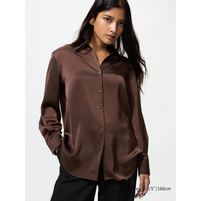 Gambar Uniqlo Blus Satin Potongan rileks - 38 DARK BROWN, S dari UNIQLO LifeWear undefined Tokopedia