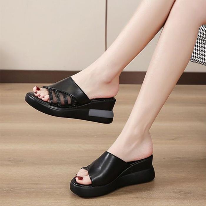 Gambar LURAD Sepatu Sandal Wanita Terbaru Cocok Untuk Hangout, Lebaran Casual Acara Formal Untuk Kuliah Wedges Karet Cewek Sendal Round Toe Open Toe Toe Thong Square Toe Pointed ToeToe Pointed Toe Tanpa Hak BL006 - HITAM, 37 dari LURAD SHOES undefined Tokopedia