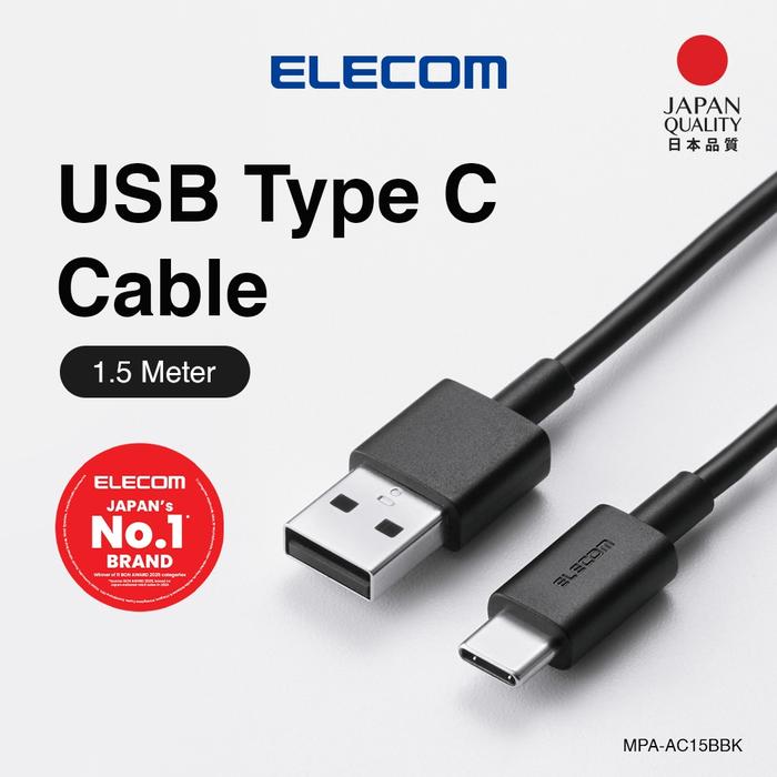 Gambar ELECOM USB Type C Cable (USB A to USB C), Ultra Fast Charging with 3A Output, USB 2.0 MPA-AC10BBK / MPA-AC15BBK / 1M / 1.5M - Black - 1,5 Meter dari ELECOM Indonesia undefined Tokopedia