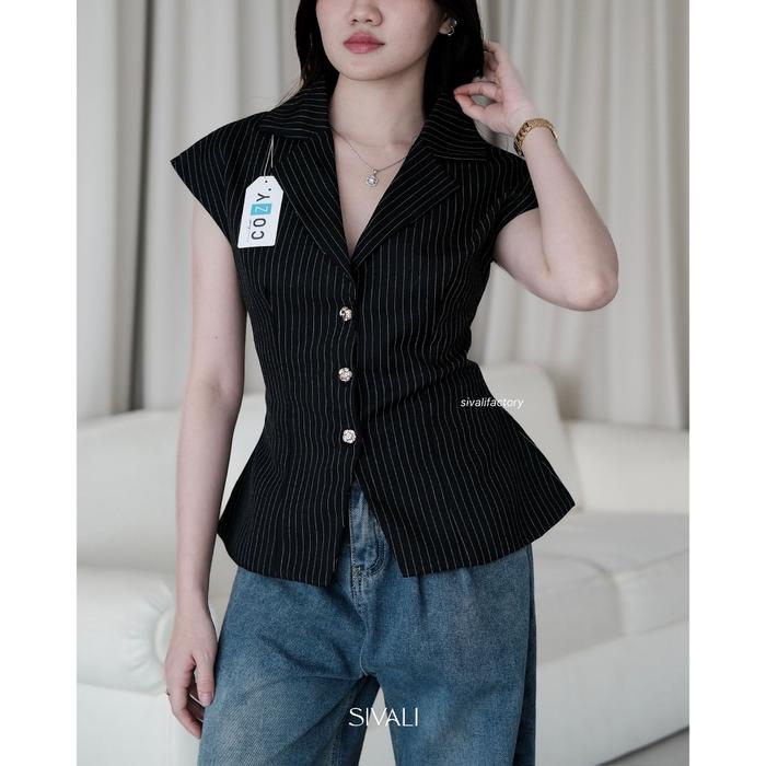 Gambar SIVALI Joie Fitted Vest - Atasan Wanita Korean Vest Sleeveless Rompi Stripe - Sleeveless Vest Top Panjang Casual - Black, XL dari Sivali Factory_NEW undefined Tokopedia