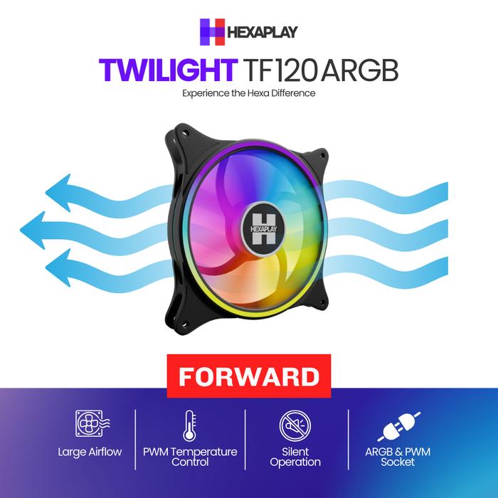 Gambar Fan Casing 12CM ARGB Dual Ring HEXAPLAY TWILIGHT | Socket PWM | Kipas Casing PC Pendingin Komputer | ukuran 12CM 120MM - Black, Forward dari OneLine Game PC undefined Tokopedia
