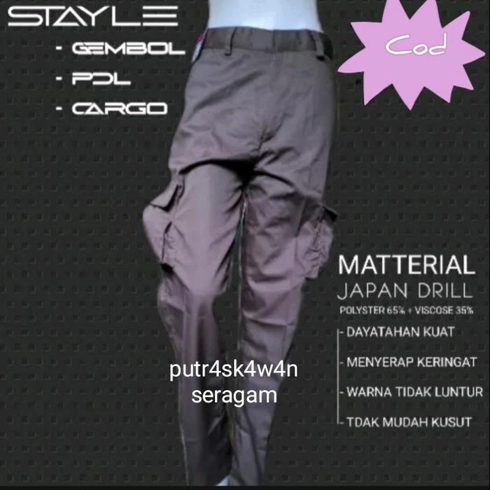celana panjang pramuka gembol cargo PDL seragam sekolah SD SMP kain katun  drill Pria Kantong Formal gembol pramuka, no=25