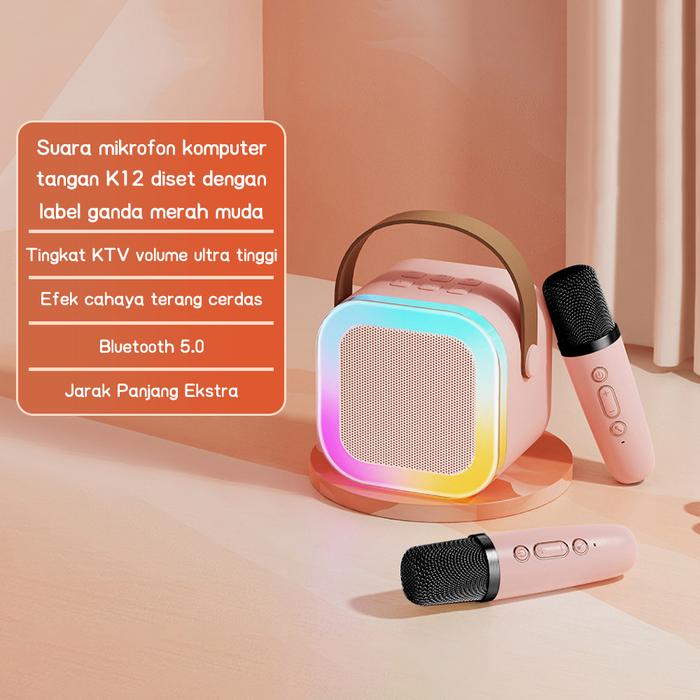 Gambar K12 Speaker Bluetooth Plus Mic Actual Bluetooth Mini Speaker Portable Karaoke Speaker with 2 MIC 1 SET RGB Lampu Home KTV Kecil Karokean Speaker Bluetooth MP3 Player Full Bass Wireless Loudspeaker Rumah Jam Plastik - K12 Pink-2Mic dari MY.CASE.ID undefined Tokopedia
