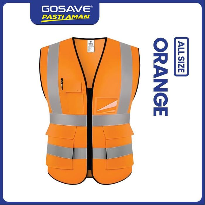 Gambar GOSAVE Rompi Safety Proyek Bahan Polyester Reflektif Scotlight Tebal Safety Vest Vizor dengan Resleting dan Banyak Kantong Untuk Kerja Lapangan - BASIC ORANGE dari Gosave Official Kota Tangerang Tokopedia