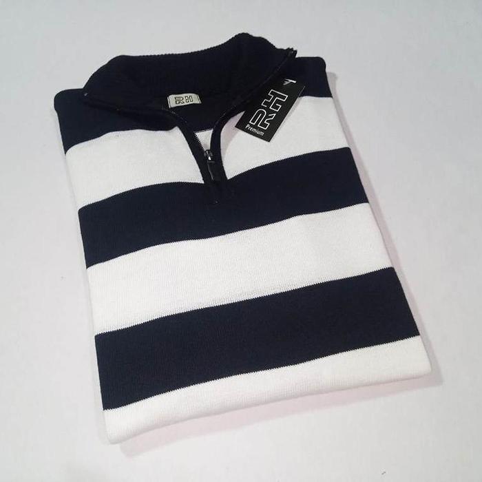Gambar RH - Sweater Baju Rajut Pria Resleting Zipper Kerah Tinggi Turtleneck Motif Setrip Garis Besar Knitwear Tangan Panjang Atasan Top Turtle Neck Knitwear Panjang - Hitam dari RHcollections undefined Tokopedia