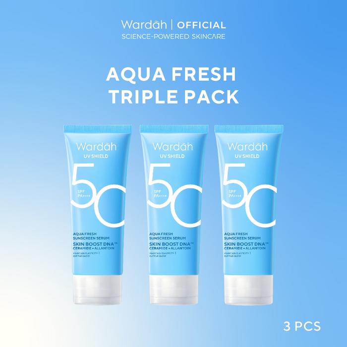 Gambar [10.10 GLOW PICKS: FREE UV SHIELD ESSENTIAL!] Wardah TRIPLE PACK UV Shield Sunscreen SPF 35 SPF 50 Airy Smooth Essential Gel Acne Calming Aqua Fresh Tone Up Physical - Skincare - Aqua SPF 50 dari wardahbeautyid undefined Tokopedia