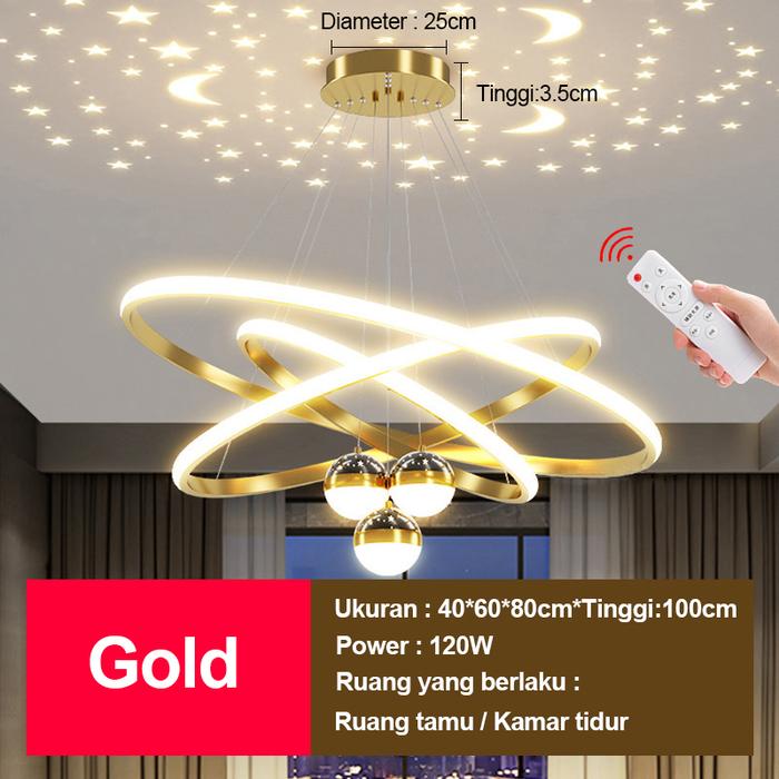 Gambar Dunia Lampu Lampu Gantung Lampu Plafon Lampu Hias Gantung Rumah Ruang Tamu Lampu Kamar Tidur 3 Ring 40*60*80 LED Chandelier Proyeksi Langit 120 Watt Besi Saklar Set - Gold dari Dunialampustore undefined Tokopedia