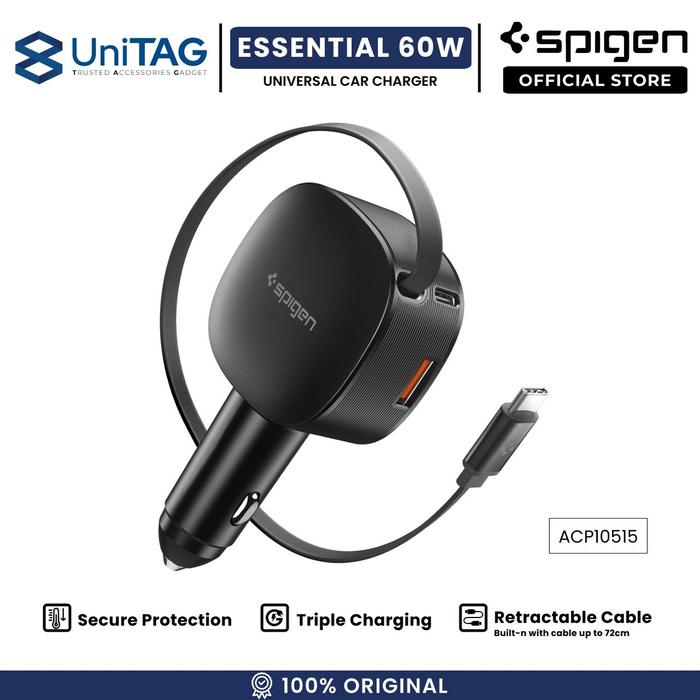 Promo SPIGEN Essential 60W Car Charger Built-in Retractable Cable Fast ...