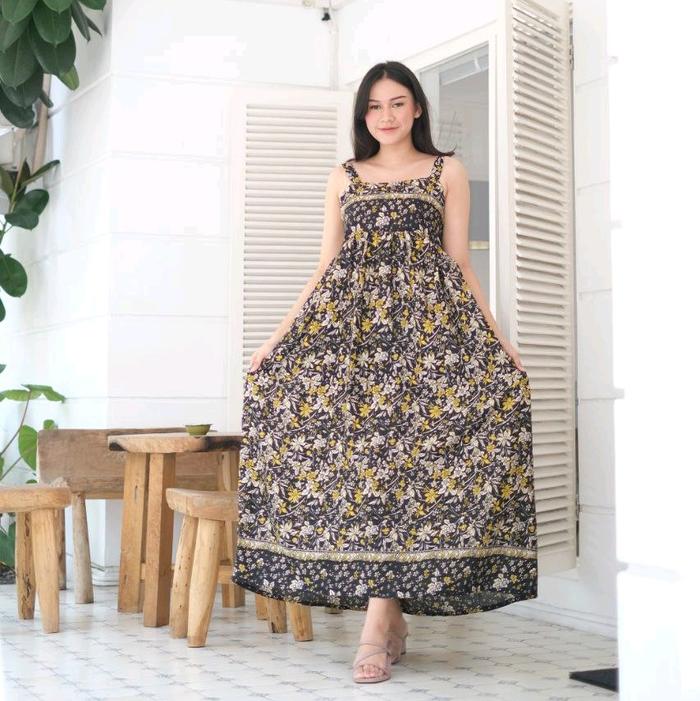 Gambar DRESS MELIA MOTIF/DRESS SINGLET BALI/OVERAL BALI MOTIF Boat Neck - HITAM dari Aneka Daster Bali undefined Tokopedia