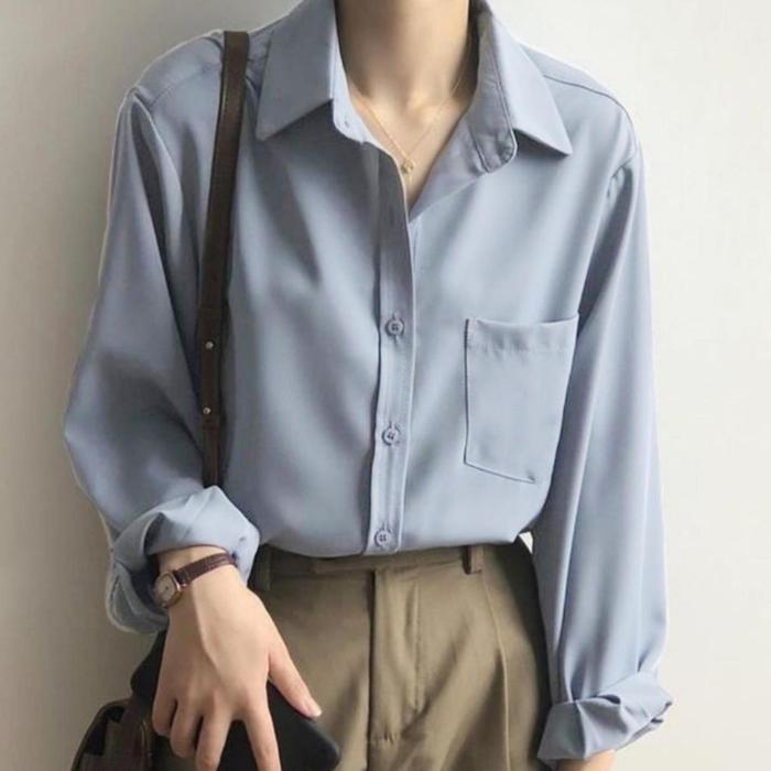 Gambar Outfit Kemeja Wanita Korean Style Saku Formal By JA Fashion - LIGHT GREY, M dari JA fashion Baju Wanita undefined Tokopedia