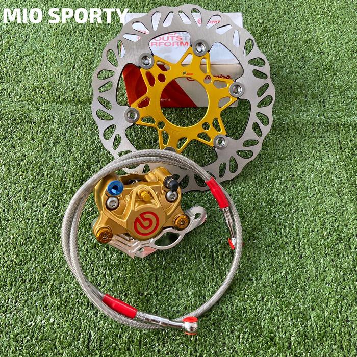Gambar PAKET KALIPER PALA BABI BIGLOGO 2PISTON + PIRINGAN DISC CAKRAM FLOATING DEPAN 220MM + SELANG REM DEPAN 95CM + 2 BAUT + BREKET MIO SPORTY - Gold dari Blessedshop.88 undefined Tokopedia