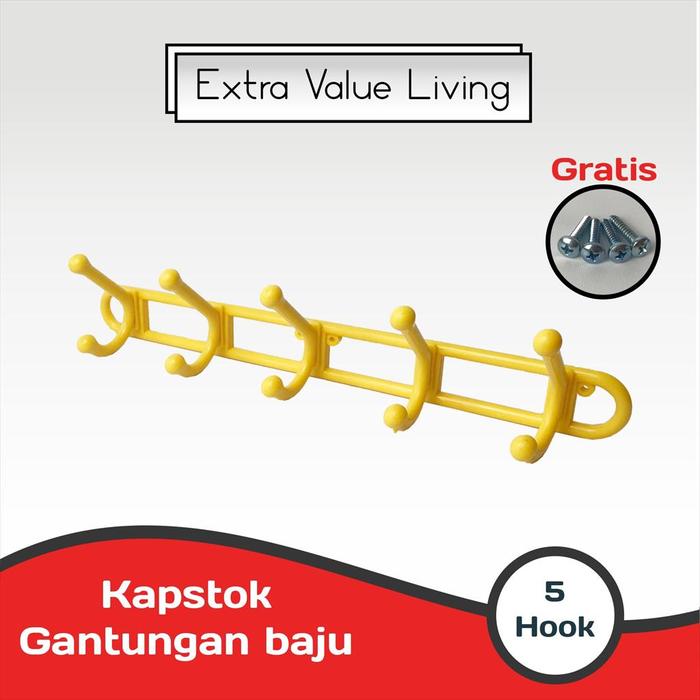 Gambar VIENTO Kapstok Plastik 5 Hook Gantungan Dinding / Cantolan Pakaian / Cantolan Baju / Gantungan Baju Warna Wall Hanger - Kuning dari Extra Value Living undefined Tokopedia