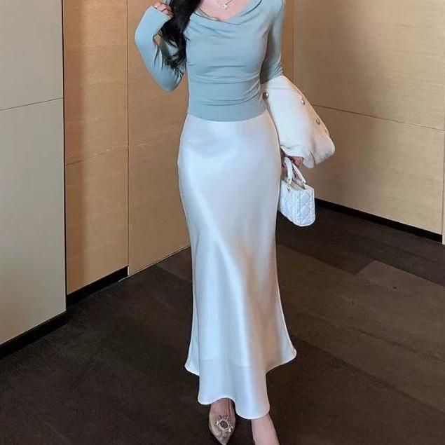 Gambar Korean Satin Skirt / Maxi Satin Skirt / Rok Panjang Satin /Rok Satin Silk Skirt Waist Wanita - White dari Fashionmall888 undefined Tokopedia