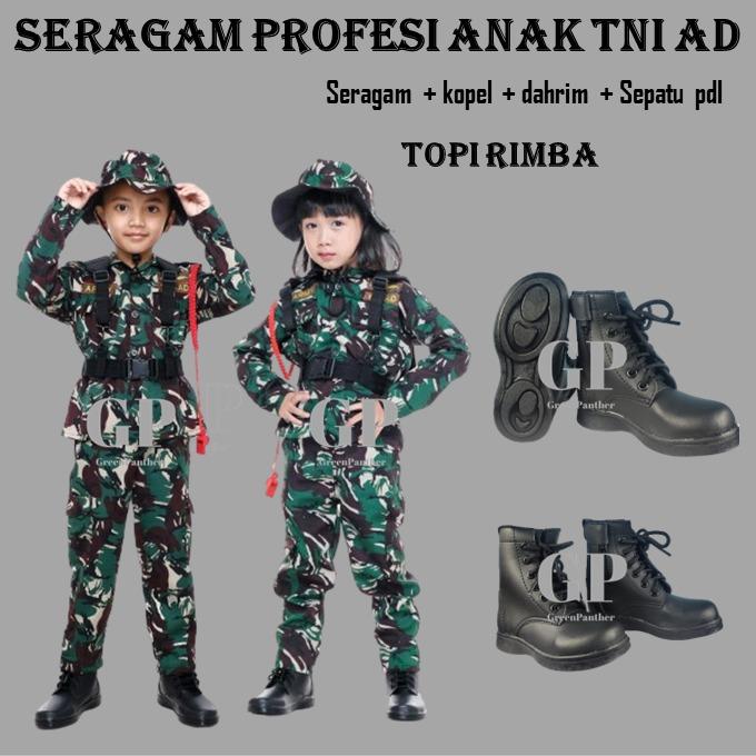 Gambar SERAGAM PROFESI ANAK BAJU SETELAN TNI AD ANAK LAKI LAKI PEREMPUAN FULLSET + SEPATU PLD SHOES ARMY TENTARA LORENG COWOK CEWEK SEKOLAH TK SD KOSTUM CILIK POCIL PROFESI SERAGAM KARNAVAL 17 AGUSTUS TERLENGKAP PAKET KOMPLIT POLISI POLWAN Fashion - TNI Topi Rimba Fullset, XS, 26 dari GreenPanther undefined Tokopedia