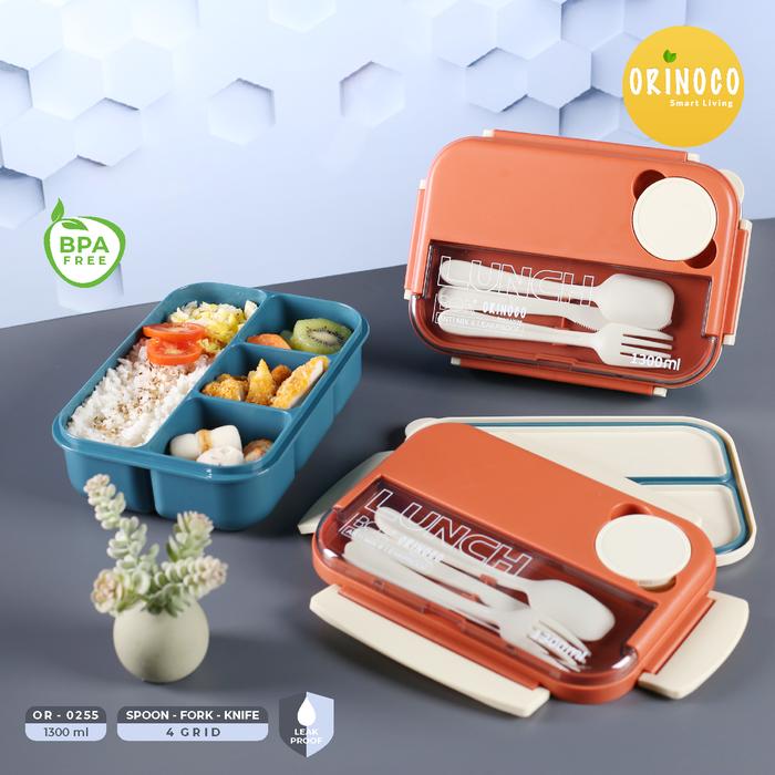 Gambar [COD] Orinoco Kotak Makan 4 Sekat Anti Tumpah 1300 ML Include Wadah Sup Warna 2 Tone Free Sendok Garpu & Pisau OR-0255 Lunchbox Microwave Safe Anti Tumpah Plastik Bpa Free - Orange dari Orinoco Smart Living undefined Tokopedia