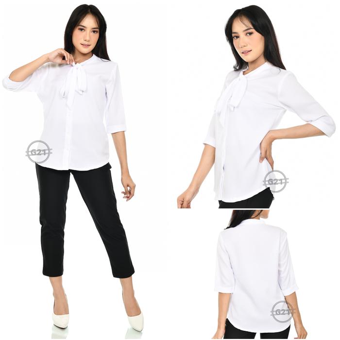 Gambar Atasan Kemeja Blus Putih Hitam Kerja Kantor Wanita Lengan Panjang 3 4 - Putih, Standar  dari G21 undefined Tokopedia
