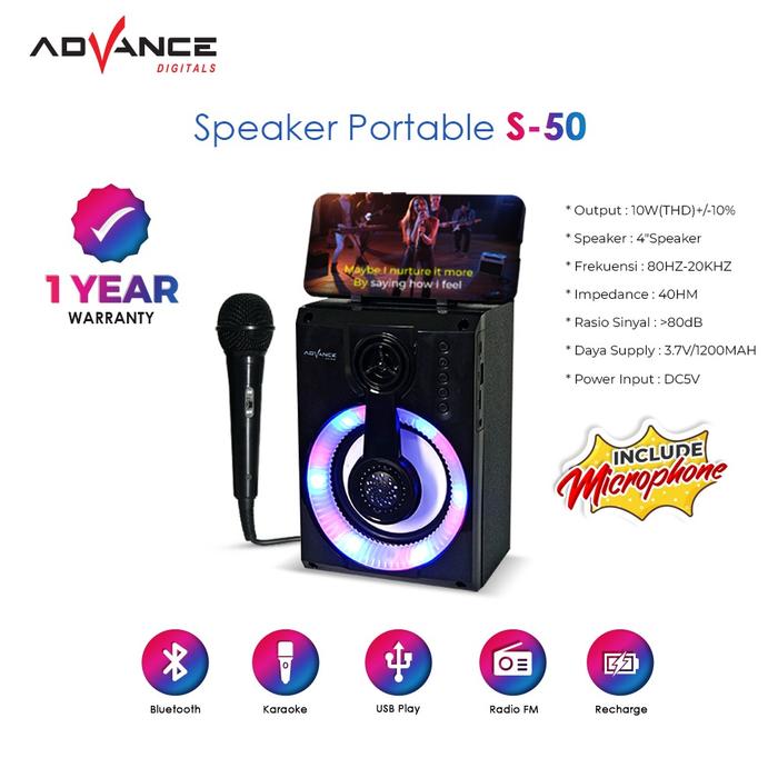 Gambar Speaker Advance S50 Bluetooth with MIC Music Box Portable Sub woofer Karaoke USB Radio Mikropon Speakers Bass - HItam dari Advance DIgitals Store undefined Tokopedia