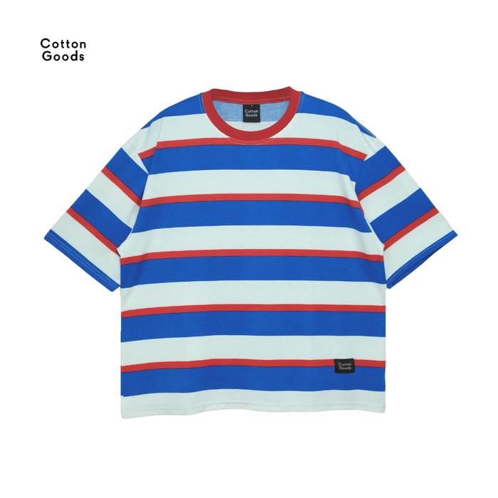 Gambar Cotton Goods Kaos Relax Fit Oversize Boxy Motif Salur Tiga Warna Unisex - WHITE BLUE RED, S dari Cotton Goods undefined Tokopedia