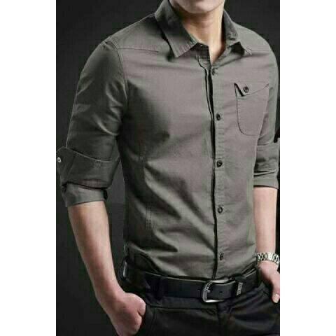 Gambar Kemeja Pria Lengan Panjang Terbaru Size S - XL  Slim Fit Miller Gray Katun Stretch Hitam Formal Casual - S dari butikonline83 undefined Tokopedia