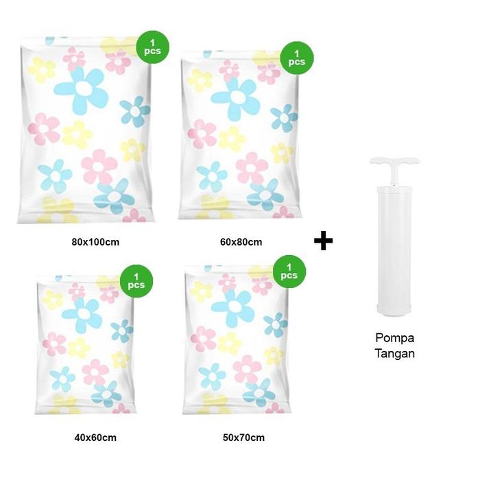 Gambar Dr. Storage Set 4pcs Plastik Vacuum Motif Bunga dan 1pcs Pompa Elektrik Vakum Kompresi Baju Travel - Set BUNGA-Pompa Tgn dari Dr. Storage undefined Tokopedia